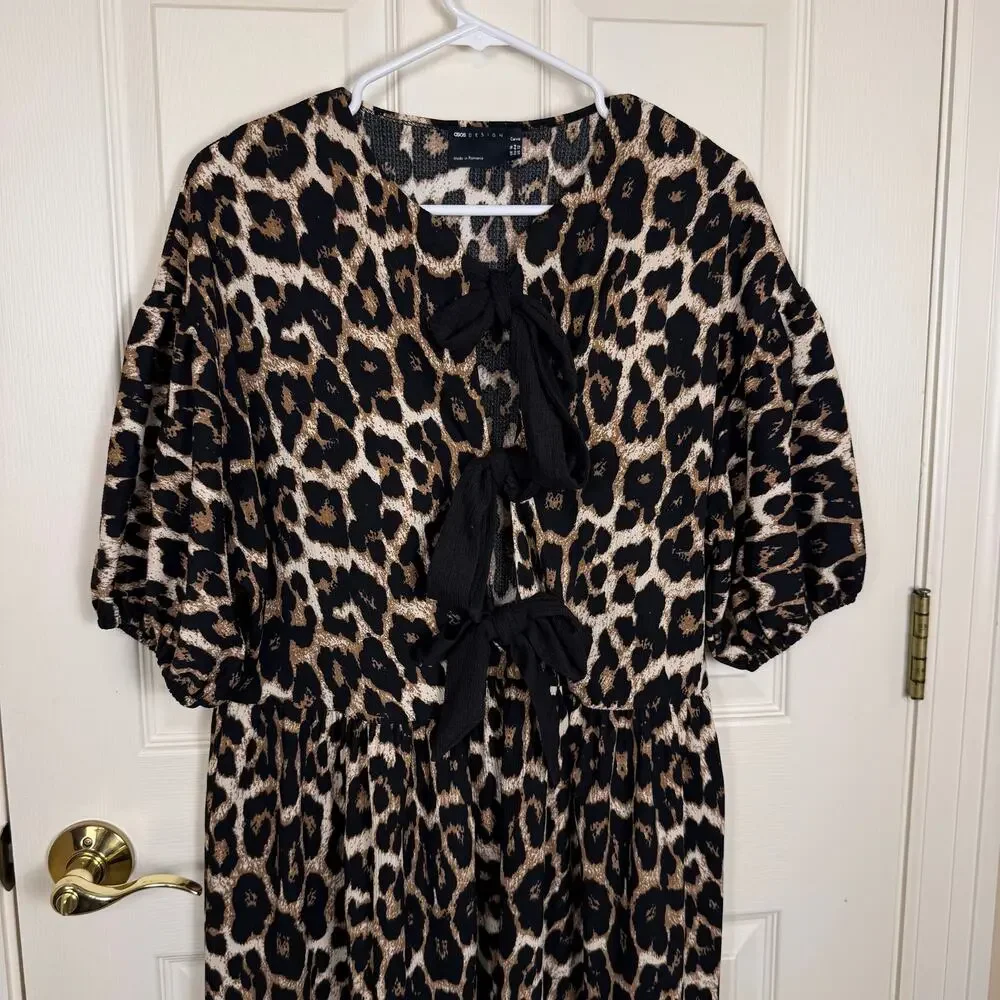 ASOS DESIGN Puff Sleeve Tie Front Maxi Dress in Leopard Print Size 12 EUC - Picture 3 of 6